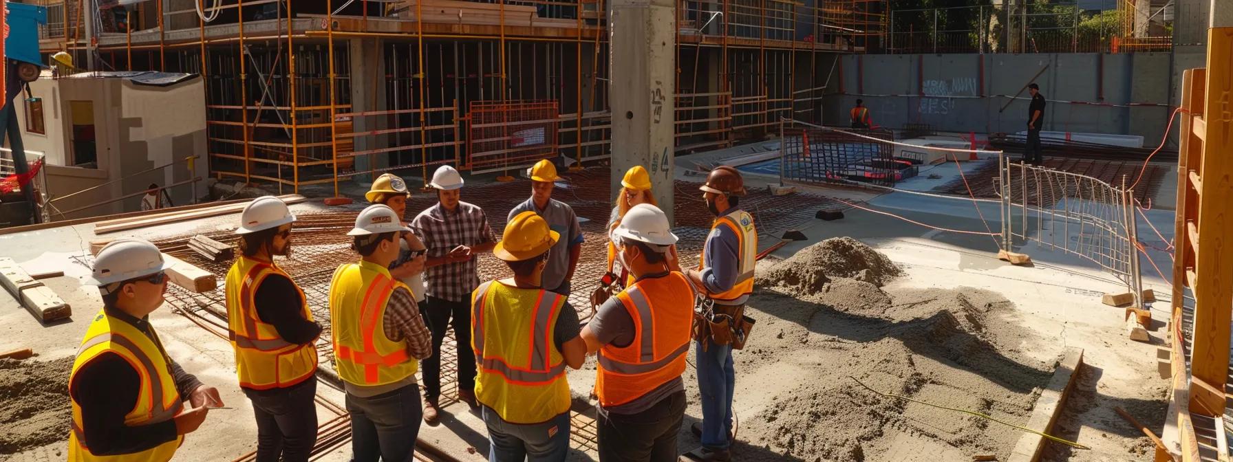 a group of construction professionals engaged in a lively discussion on a construction site, emphasizing the importance of client engagement.