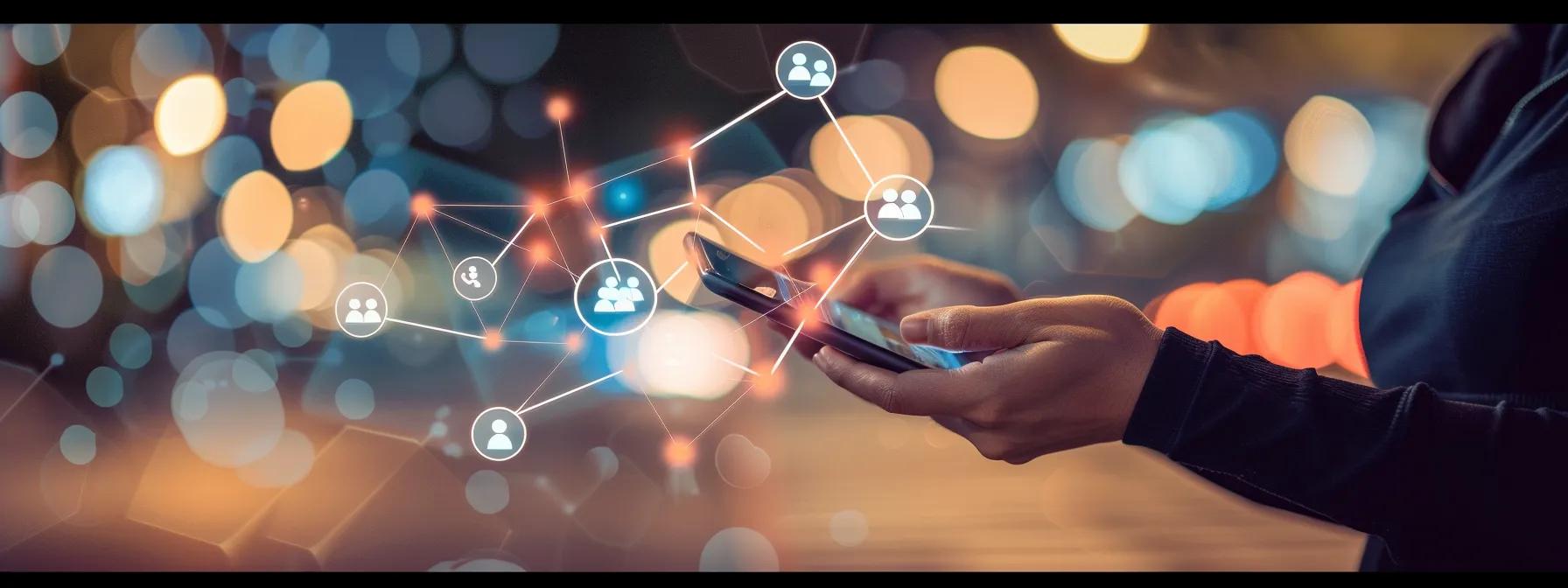 a happy client effortlessly referring friends on a sleek mobile app interface, with social media icons in the background, showcasing a simplified and user-friendly referral process.