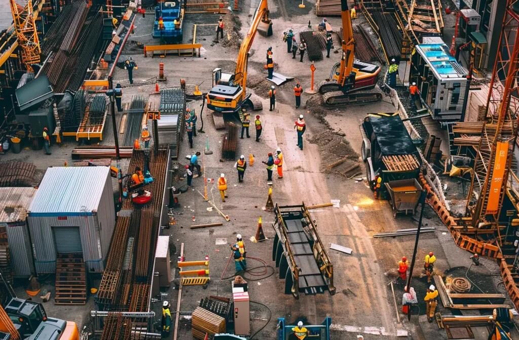vibrant construction site bustling with workers and machinery, with seo tactics incorporated into signage and equipment for optimal online visibility.