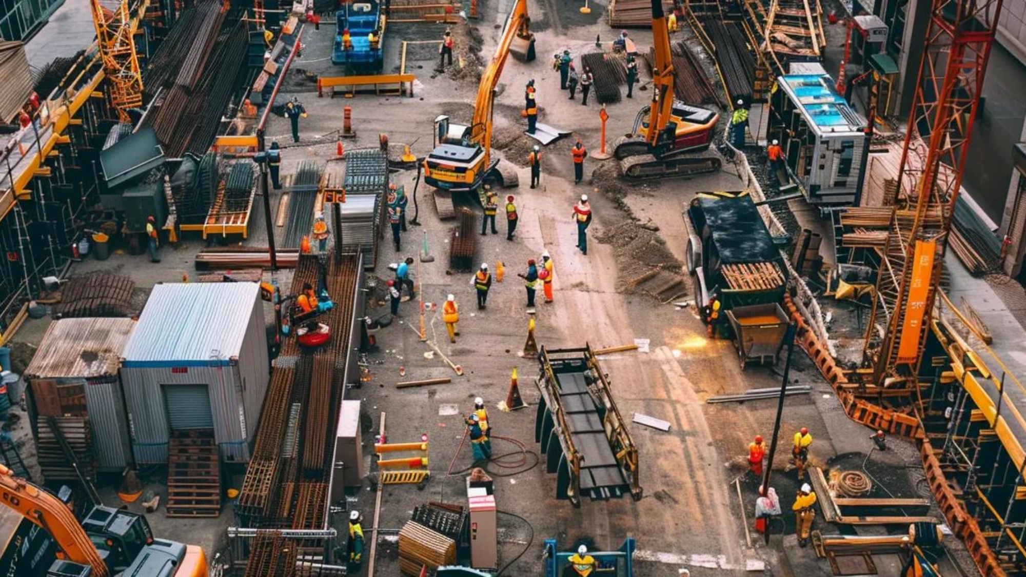 vibrant construction site bustling with workers and machinery, with seo tactics incorporated into signage and equipment for optimal online visibility.