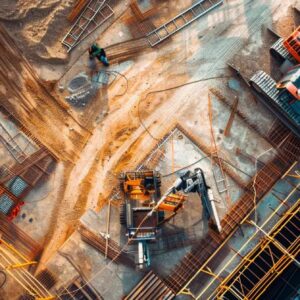 Aerial view of a construction site featuring machinery, scaffolding, and workers, illustrating construction processes relevant to SEO strategies for the industry.