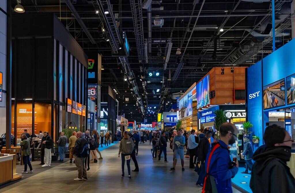 a brightly lit booth at a construction trade show filled with engaged attendees, showcasing innovative products and generating numerous leads.