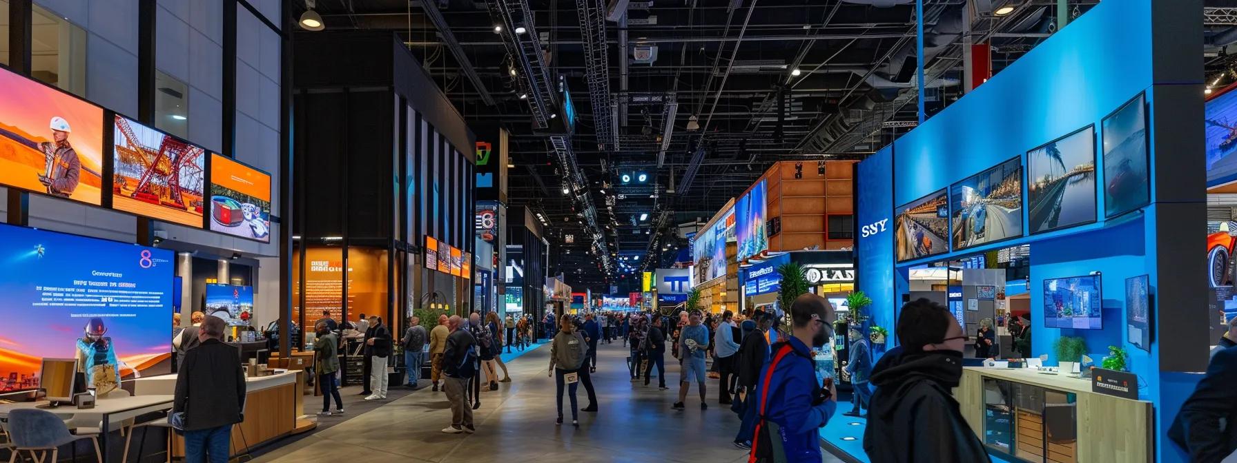 a brightly lit booth at a construction trade show filled with engaged attendees, showcasing innovative products and generating numerous leads.