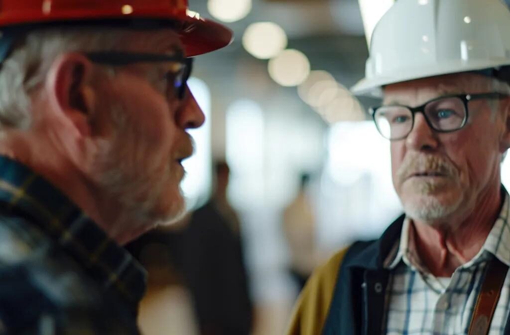 a construction business owner engaging in deep conversation with a potential client at a bustling industry meetup, exuding confidence and expertise in their field.