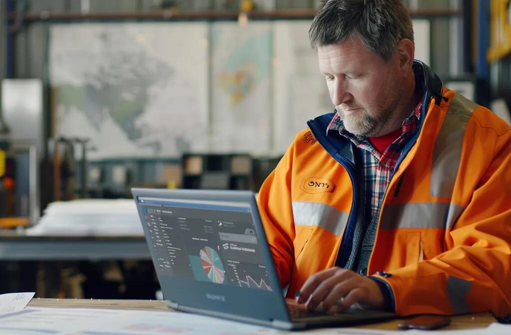 a construction company owner analyzing google analytics data on a laptop, surrounded by blueprints and a google business profile on the screen.