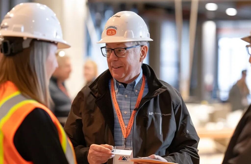 a construction company representative networking at a local business event, exchanging business cards with a group of professionals in a vibrant and bustling environment.