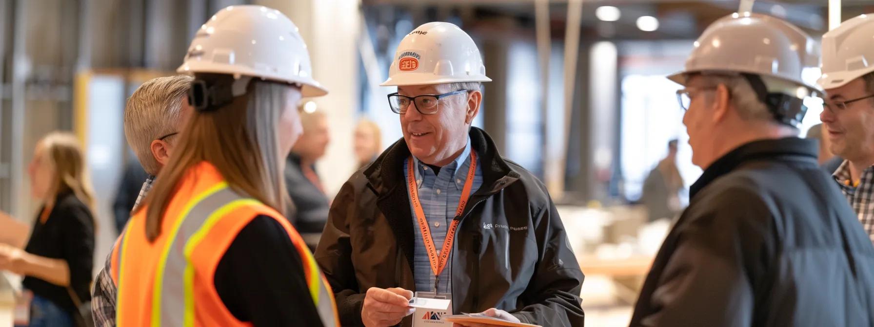 a construction company representative networking at a local business event, exchanging business cards with a group of professionals in a vibrant and bustling environment.