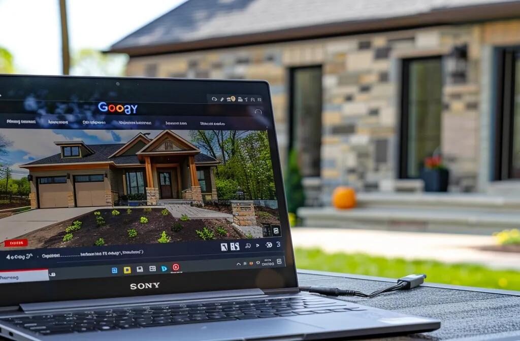 a construction company's google business profile displayed on a laptop screen with high-quality project photos, engaging description, and positive customer reviews highlighted.