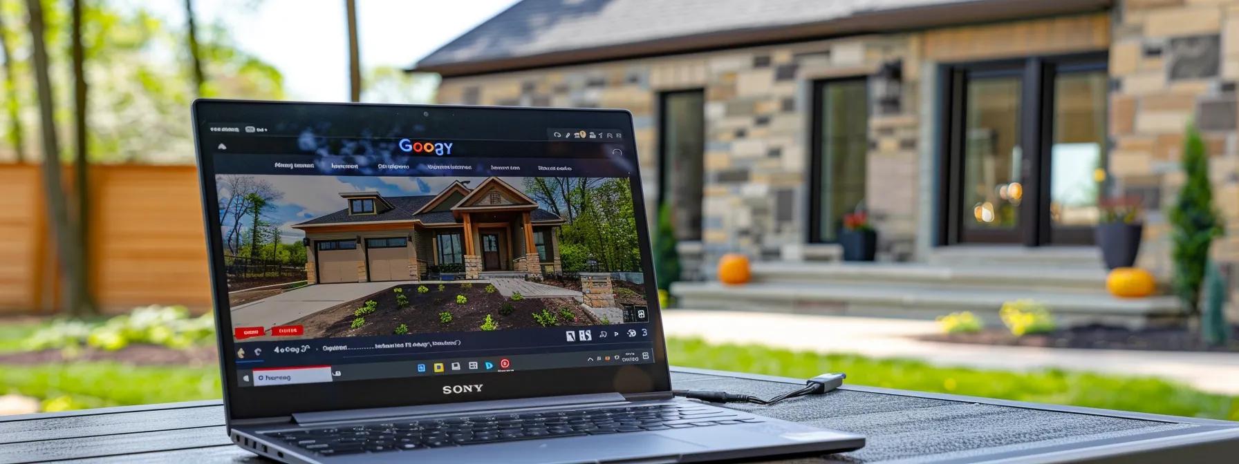a construction company's google business profile displayed on a laptop screen with high-quality project photos, engaging description, and positive customer reviews highlighted.