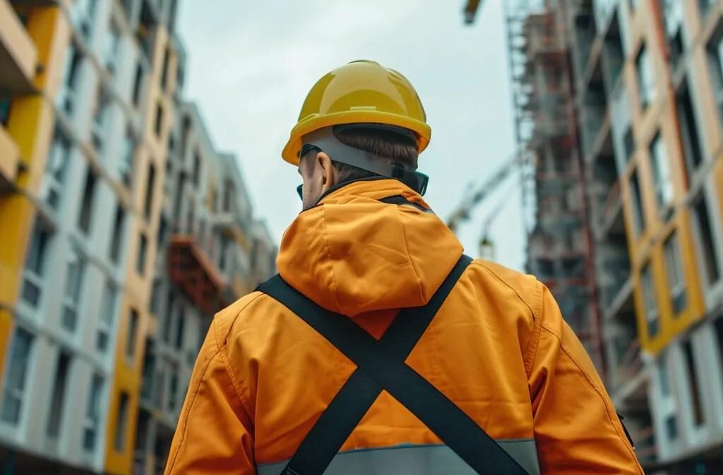 a construction contractor standing confidently in front of a row of generic, identical buildings, showcasing the challenge of brand saturation.