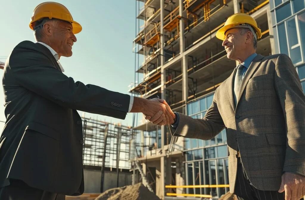 a construction firm executive shaking hands with a satisfied client in front of a newly completed building, showcasing a strong and trusting long-term relationship.