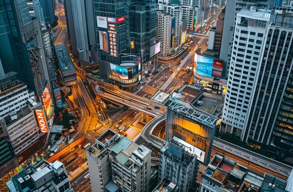 a construction firm's logo displayed prominently on a digital billboard in a bustling cityscape.