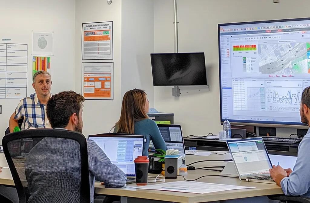 a construction firm's marketing team analyzing customer engagement data in a bright, modern office setting.