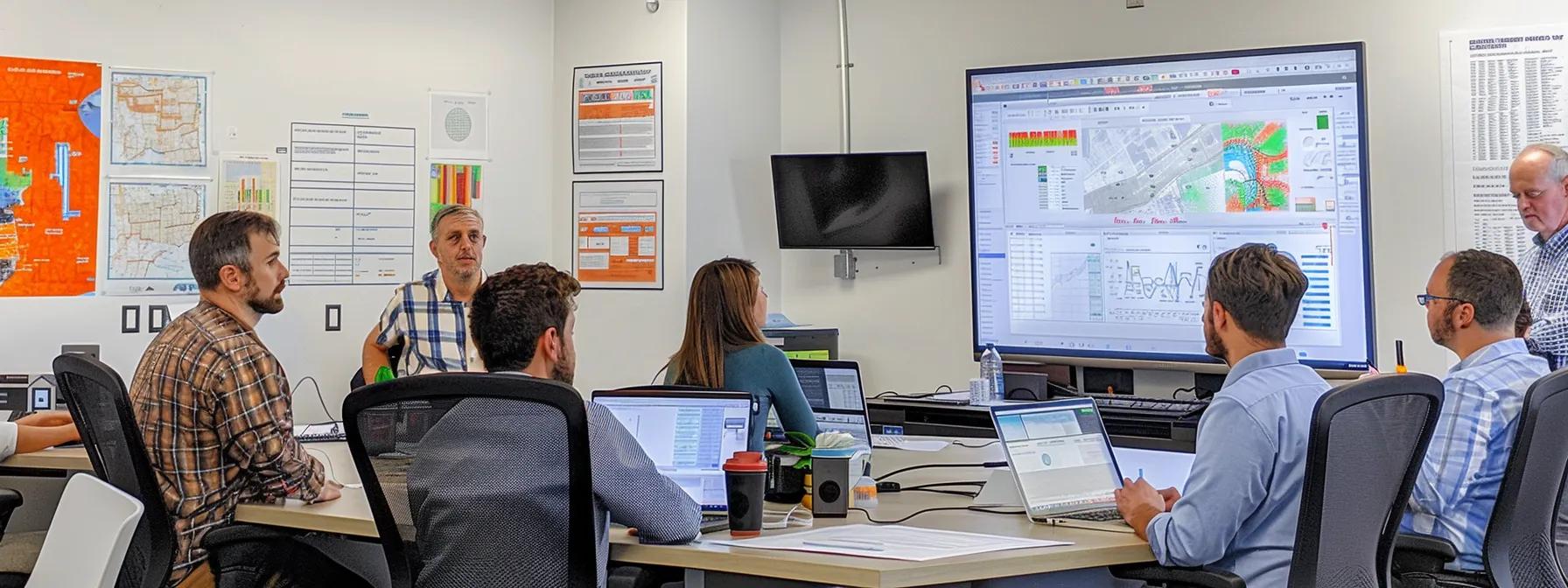 a construction firm's marketing team analyzing customer engagement data in a bright, modern office setting.