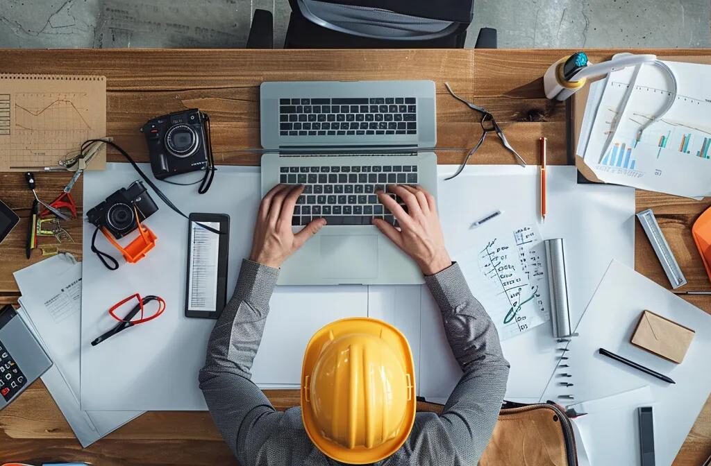 a construction professional surrounded by an array of high-tech digital marketing tools on a sleek, modern desk.