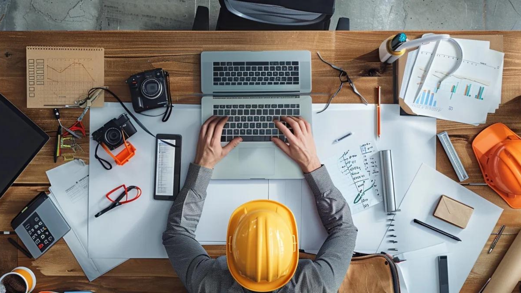 a construction professional surrounded by an array of high-tech digital marketing tools on a sleek, modern desk.