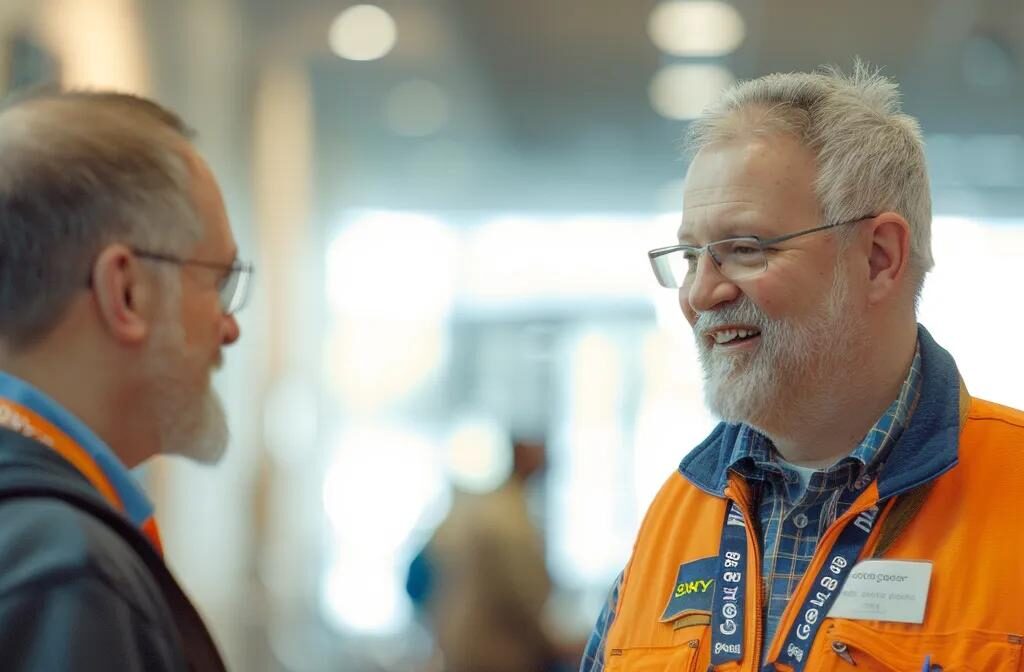 a construction professional engaging in a conversation with a potential client at an industry seminar.