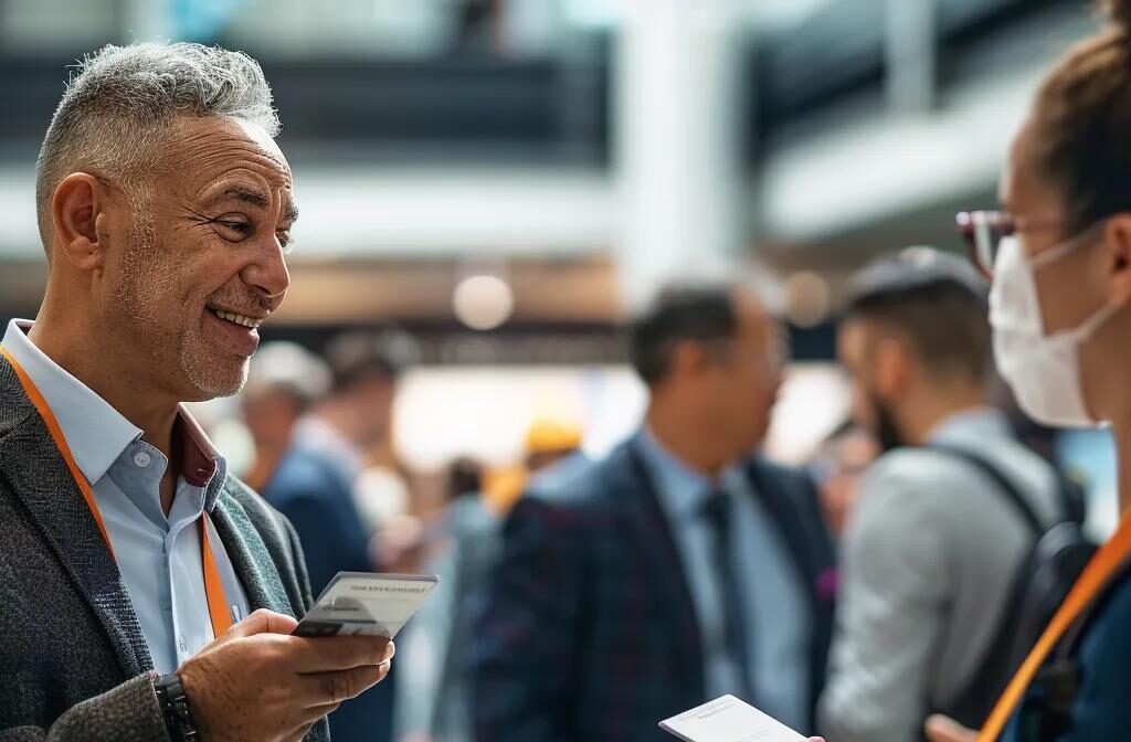 a construction professional exchanging business cards with a potential client in a bustling networking event, showcasing the power of building connections in the industry.