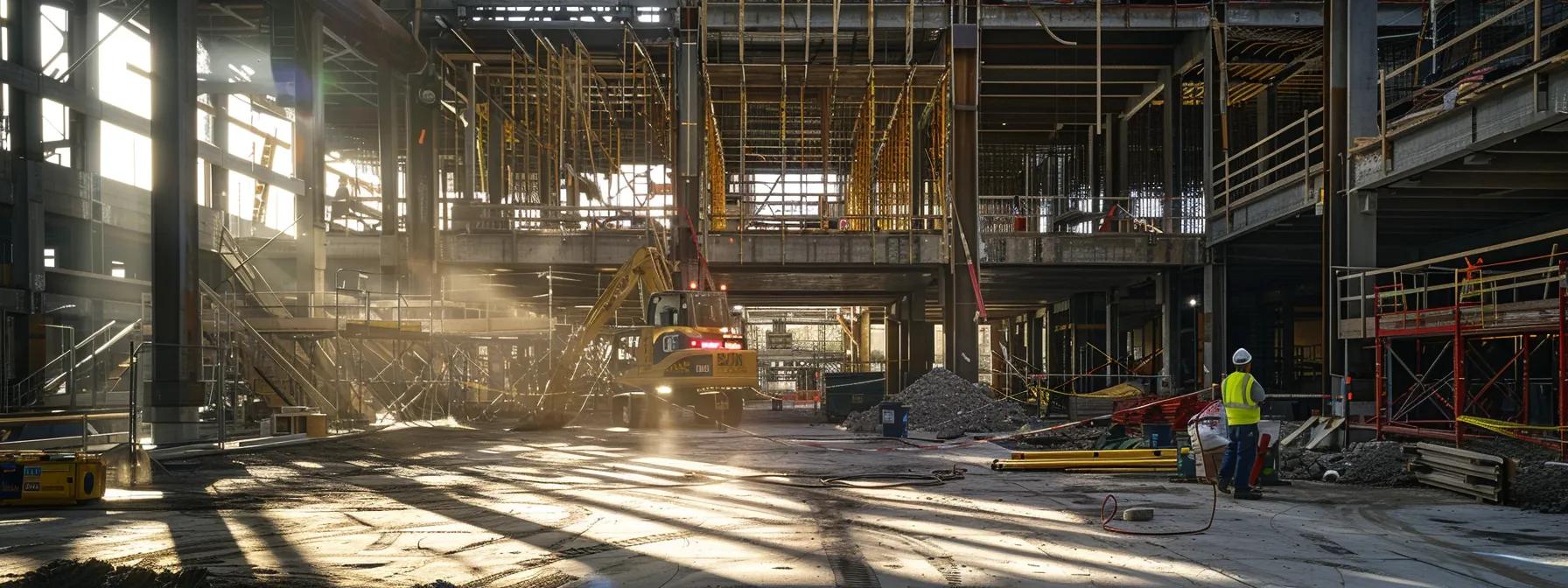 a construction site adorned with cutting-edge technology and eco-friendly practices, showcasing a strong emphasis on safety, innovation, sustainability, and community involvement.