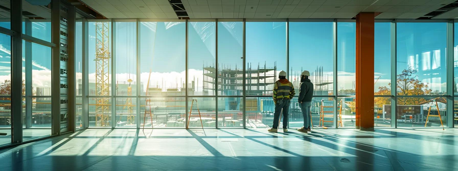 a construction site with a modern, innovative building design being admired by satisfied clients and stakeholders, showcasing brand loyalty and market success.