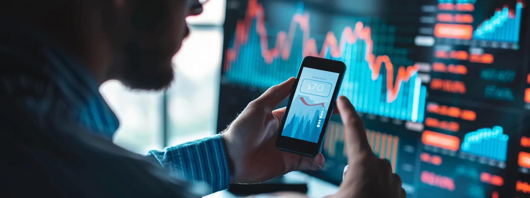a construction worker analyzing a mobile phone screen with graphs and charts showing the latest mobile seo trends.
