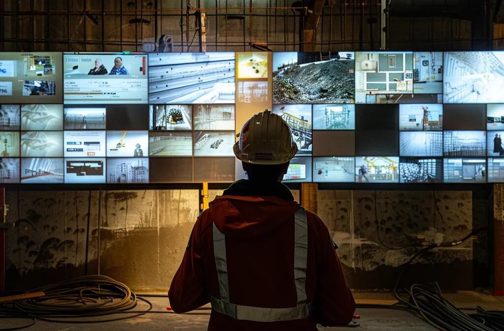 a construction worker carefully inspecting a website analytics dashboard with keyword rankings, a/b testing results, and seo audit findings displayed on the screen.