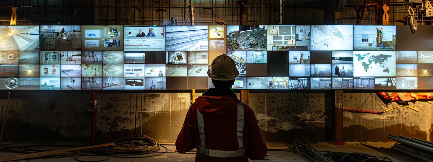 a construction worker carefully inspecting a website analytics dashboard with keyword rankings, a/b testing results, and seo audit findings displayed on the screen.