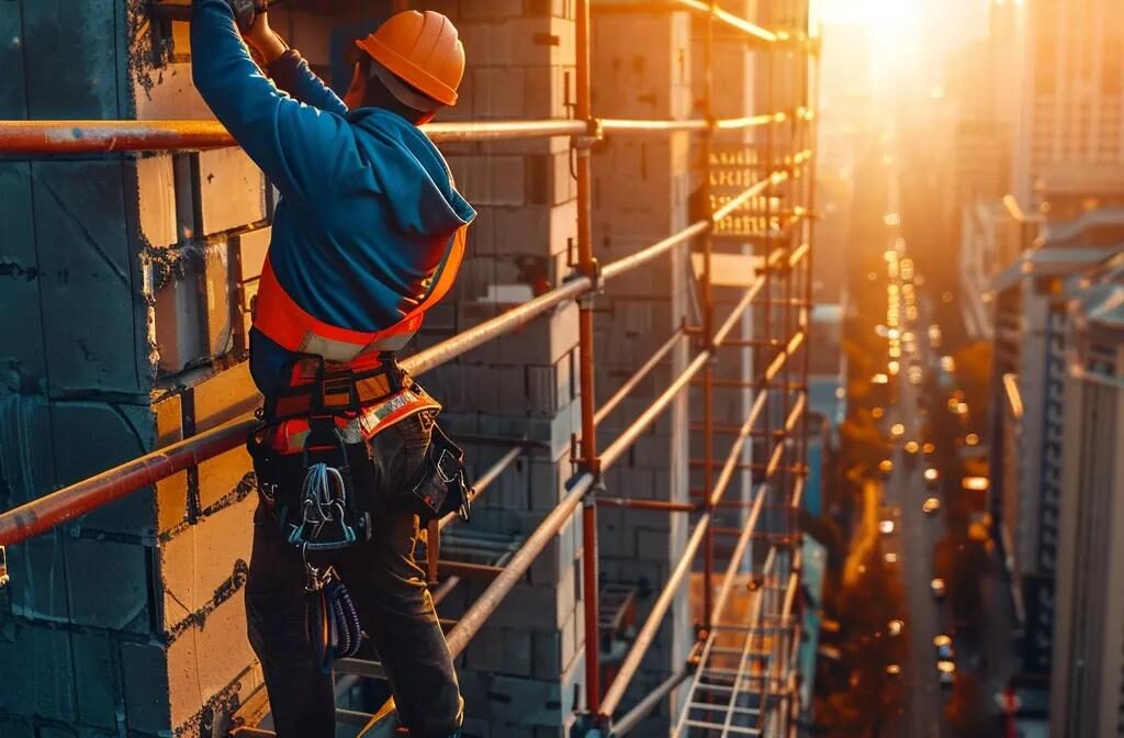 a construction worker carefully placing a brick on a tall building scaffold, showcasing effective link building strategies for construction firms.