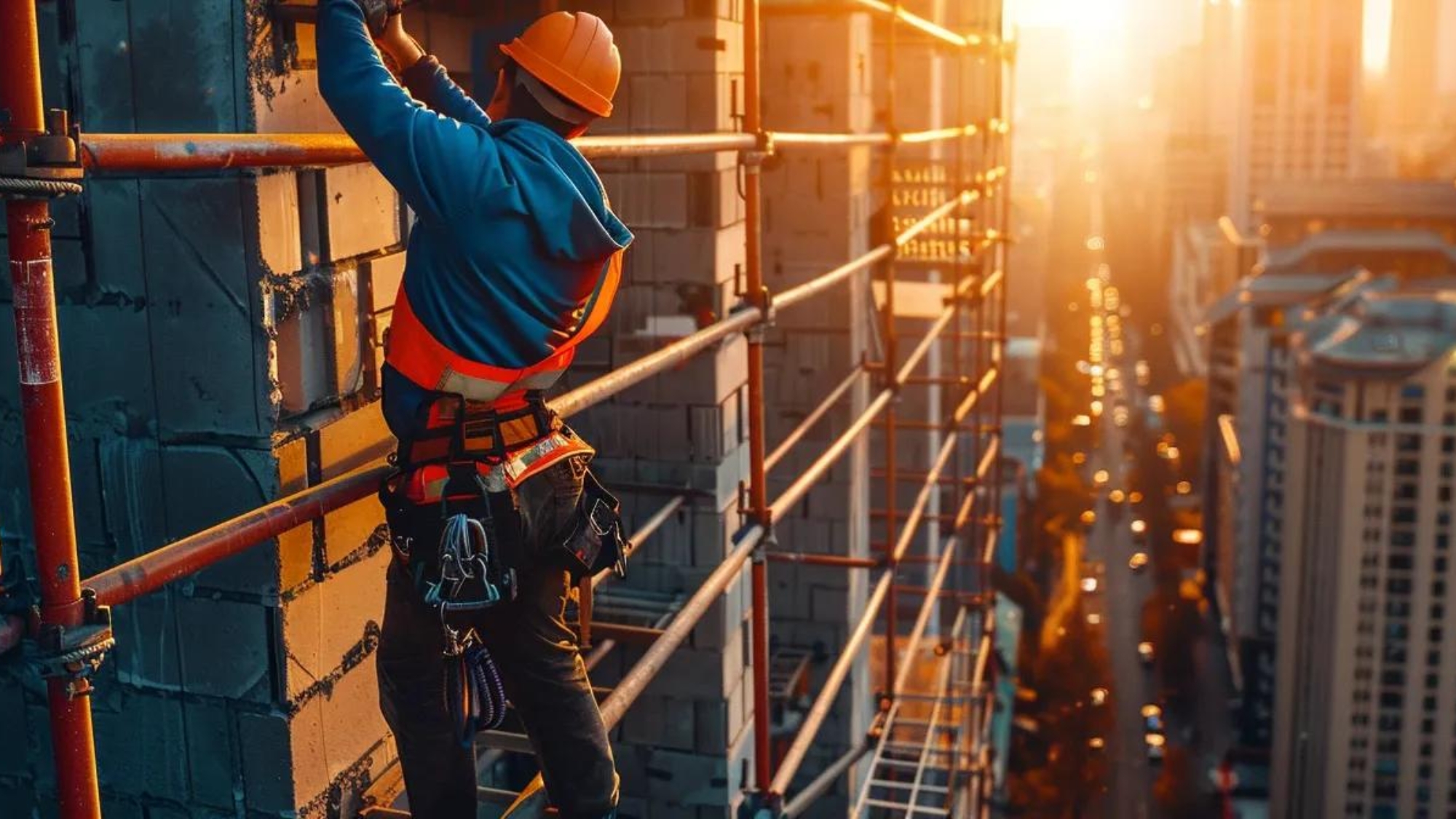 a construction worker carefully placing a brick on a tall building scaffold, showcasing effective link building strategies for construction firms.