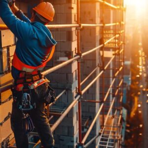 Construction worker in safety gear climbing scaffolding on a building site, emphasizing construction industry and safety practices.