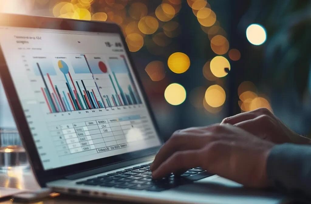 a construction worker carefully examining a detailed report on a laptop, surrounded by charts and graphs showcasing strong local seo performance.