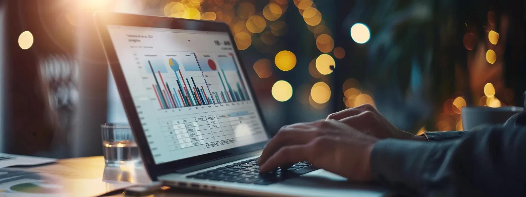 a construction worker carefully examining a detailed report on a laptop, surrounded by charts and graphs showcasing strong local seo performance.