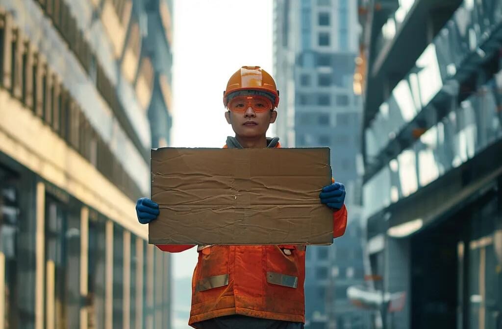 a construction worker holding a sign with a bold, eye-catching branding message.