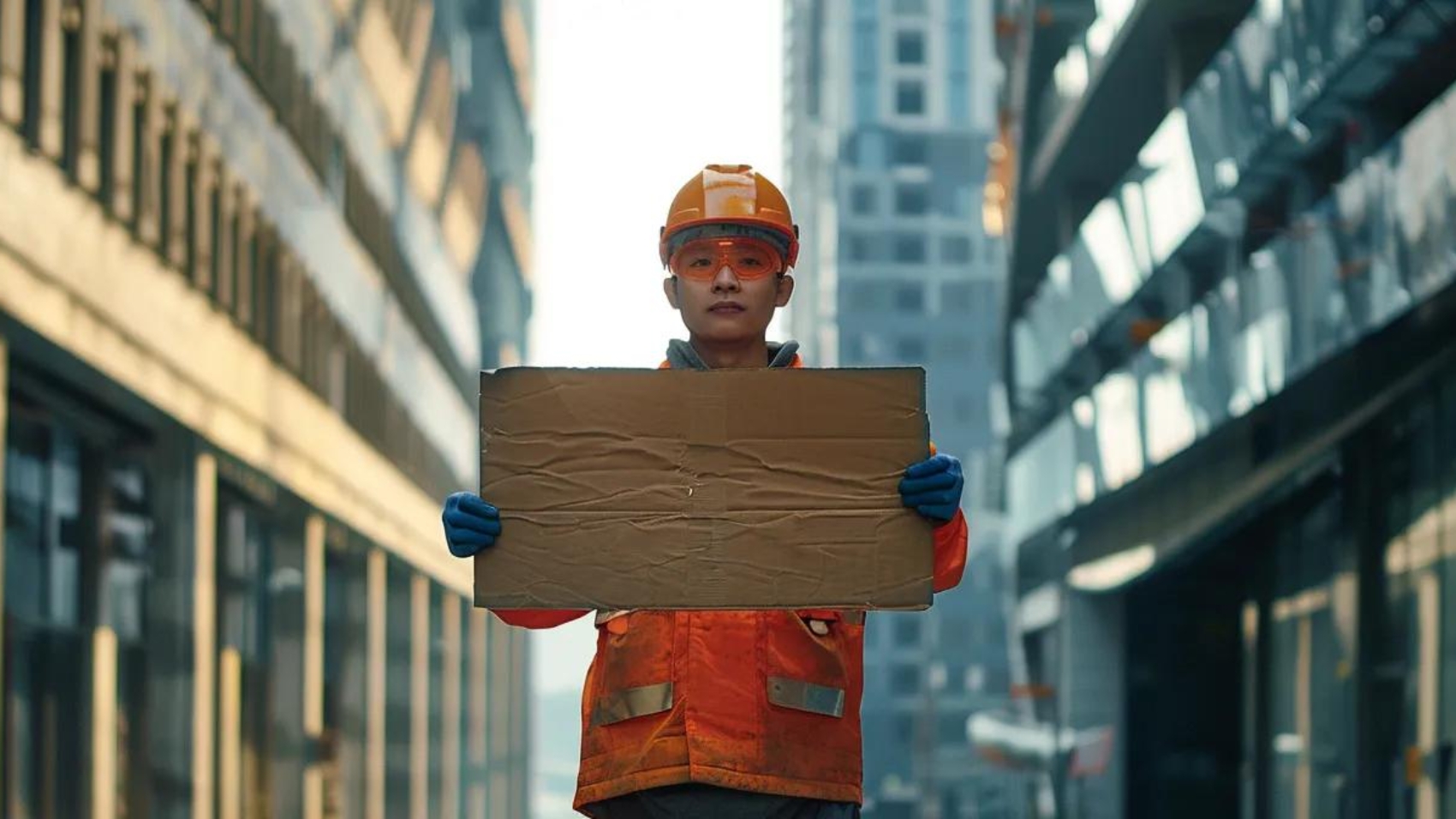 a construction worker holding a sign with a bold, eye-catching branding message.