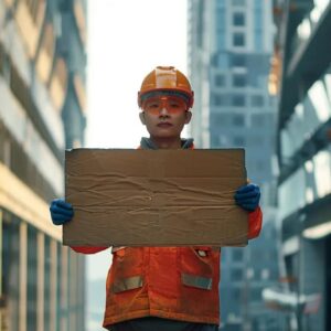 Construction worker holding a blank cardboard sign in a building site, emphasizing the construction industry's need for effective digital marketing strategies.