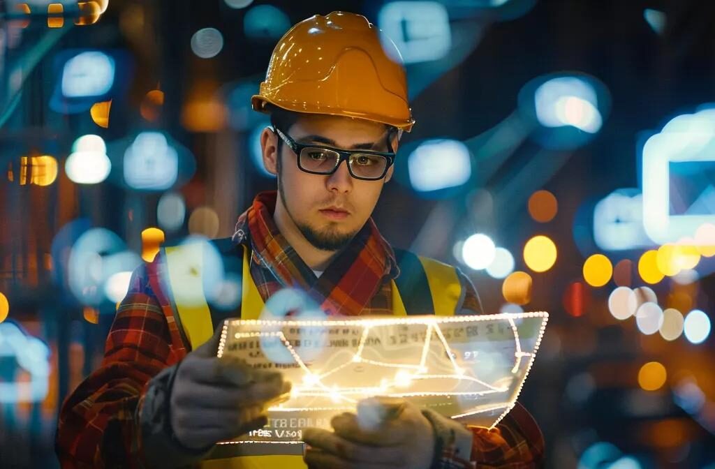 a construction worker holding a sign with the brand logo, surrounded by social media icons and seo keywords, in a bustling networking event, symbolizing effective marketing strategies for brand visibility in the industry.