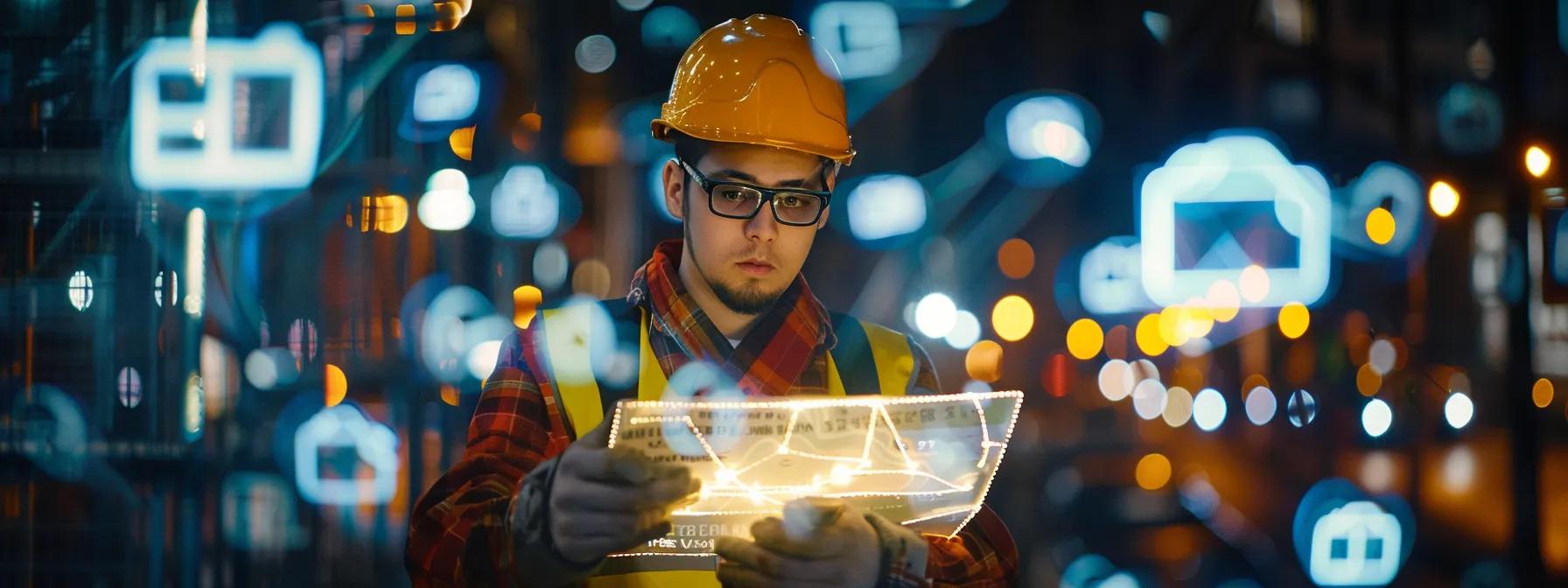 a construction worker holding a sign with the brand logo, surrounded by social media icons and seo keywords, in a bustling networking event, symbolizing effective marketing strategies for brand visibility in the industry.