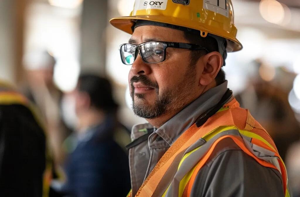 a construction worker networking with industry professionals and local businesses to build quality backlinks for a construction website.