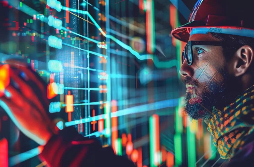 a construction worker reviewing a chart filled with data, highlighting key performance indicators for client acquisition success.