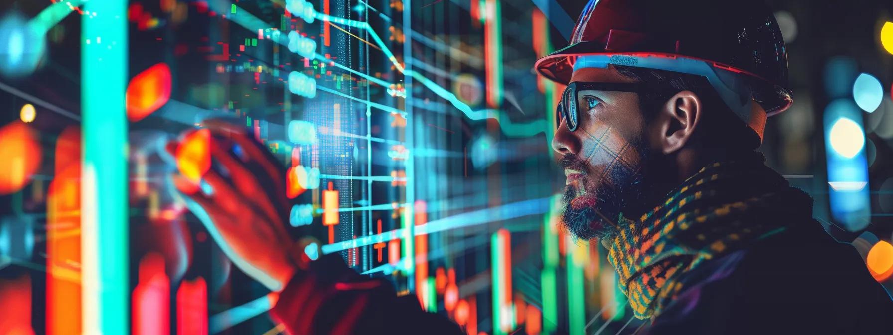 a construction worker reviewing a chart filled with data, highlighting key performance indicators for client acquisition success.