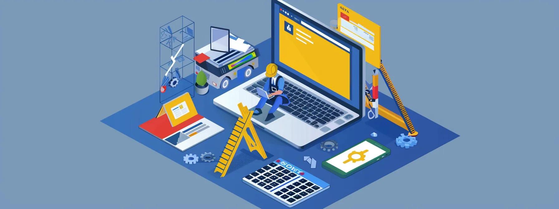 a contractor carefully curating engaging content on a laptop surrounded by planning tools and a vibrant google business profile displayed on a mobile device.