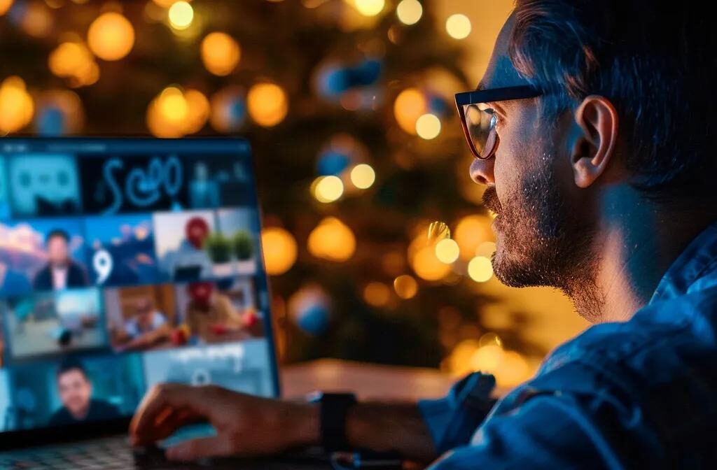 a contractor confidently overlooking a glowing, positive online review board on a laptop screen.