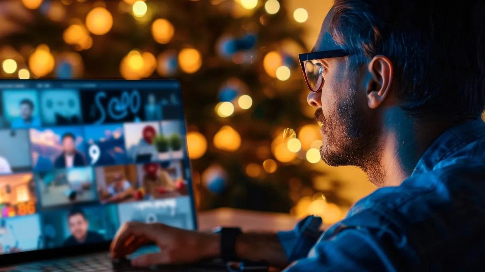 a contractor confidently overlooking a glowing, positive online review board on a laptop screen.