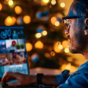 Man participating in a virtual meeting on a laptop, surrounded by warm holiday lights, illustrating online branding strategies for construction firms.