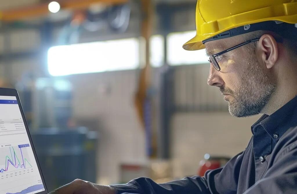 a contractor inspecting a laptop screen displaying a graph showing email campaign performance analytics.