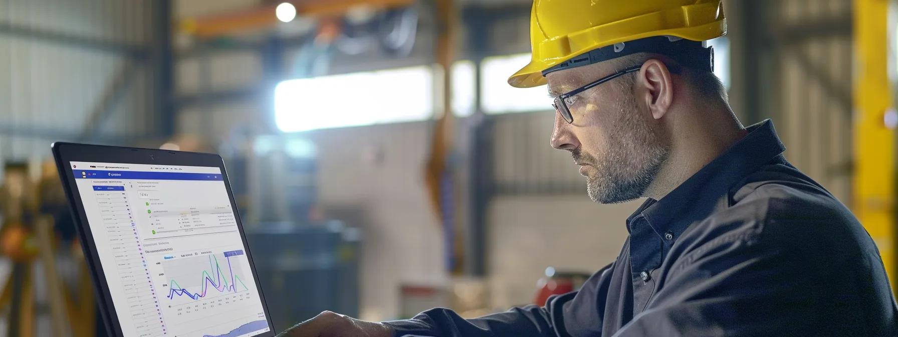 a contractor inspecting a laptop screen displaying a graph showing email campaign performance analytics.