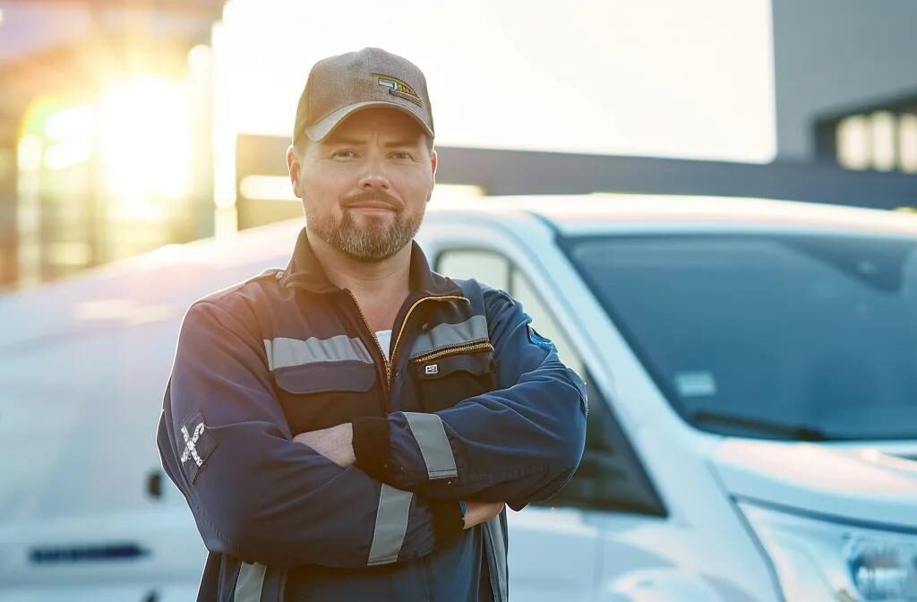 a contractor standing proudly next to a branded company vehicle, showcasing a strong and professional brand identity.