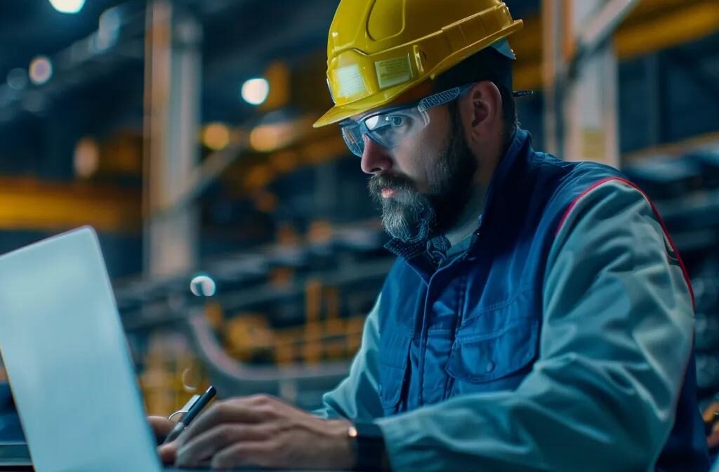 a contractor writing a detailed blog post on a modern laptop, surrounded by vibrant graphics and customer testimonials displayed on the screen.