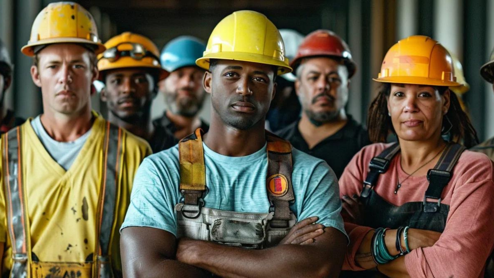 a diverse group of construction workers engaging with potential clients on social media, showcasing their projects and expertise.