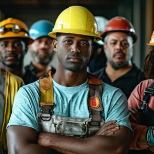 Diverse group of construction workers in hard hats, emphasizing teamwork and professionalism in the construction industry, relevant to social media marketing strategies for construction firms.